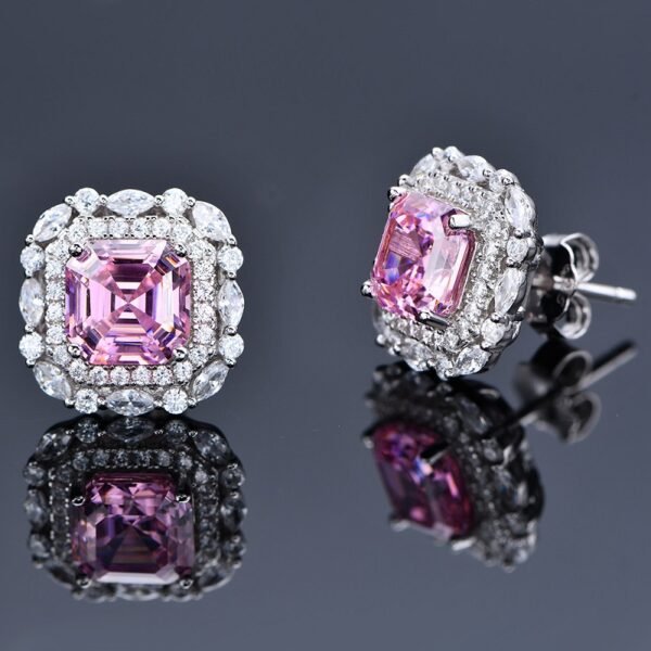 S925 Halo Asscher Cut Pink Zirconia Stud Earrings