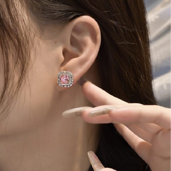 S925 Halo Asscher Cut Pink Zirconia Stud Earrings