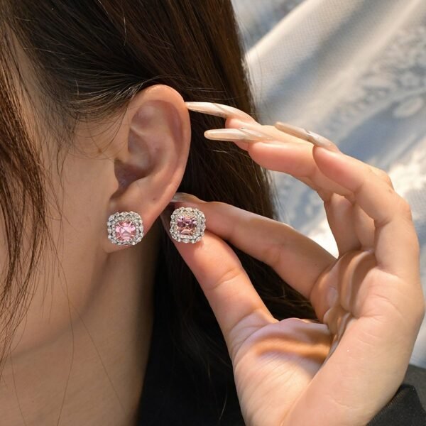 S925 Halo Asscher Cut Pink Zirconia Stud Earrings