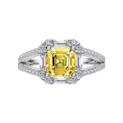 S925 Halo Asscher Cut Yellow CZ Split Shank Pave Ring