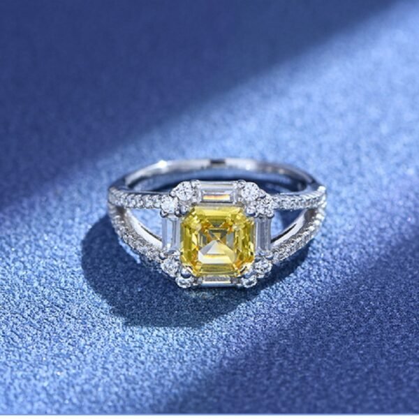 S925 Halo Asscher Cut Yellow CZ Split Shank Pave Ring