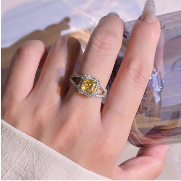 S925 Halo Asscher Cut Yellow CZ Split Shank Pave Ring
