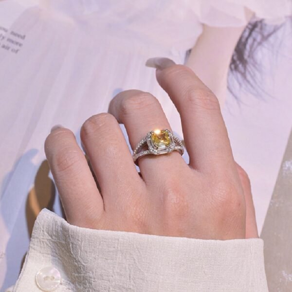 S925 Halo Asscher Cut Yellow CZ Split Shank Pave Ring