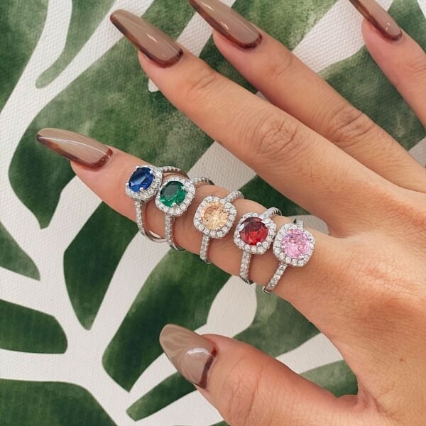 S925 Halo Colored Cubic Zirconia Pave Ring