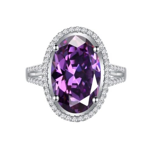 S925 Halo Oval Purple CZ Split Shank Pave Ring