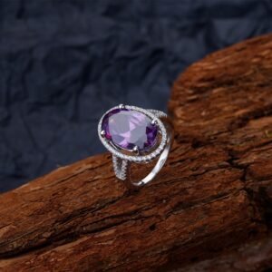 S925 Halo Oval Purple CZ Split Shank Pave Ring