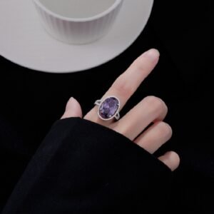 S925 Halo Oval Purple CZ Split Shank Pave Ring