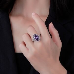 S925 Halo Oval Purple CZ Split Shank Pave Ring