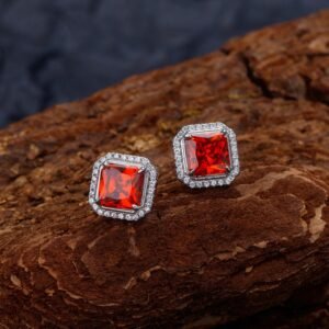 S925 Halo Princess Cut Red Zirconia Stud Earrings