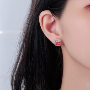 S925 Halo Princess Cut Red Zirconia Stud Earrings