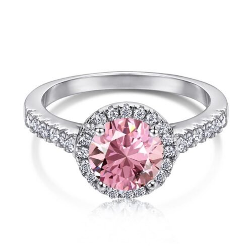 S925 Halo Round Pink Cubic Zirconia Pave Ring