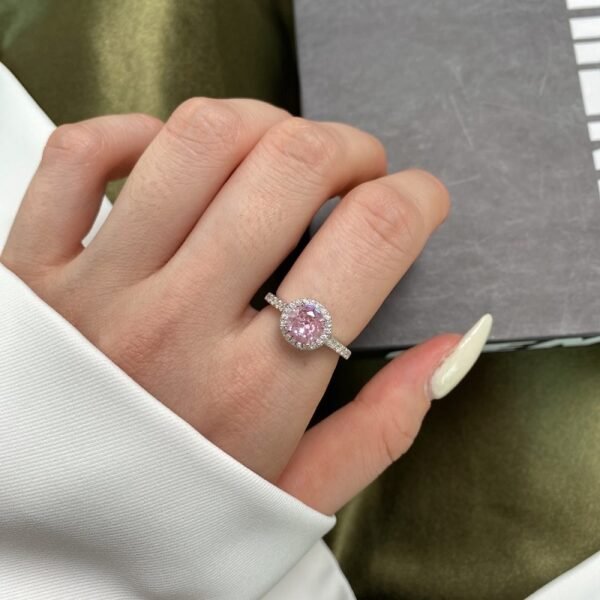 S925 Halo Round Pink Cubic Zirconia Pave Ring