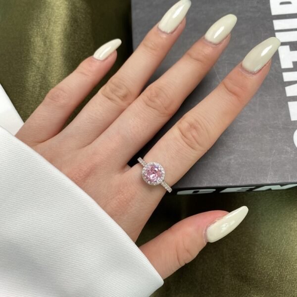 S925 Halo Round Pink Cubic Zirconia Pave Ring
