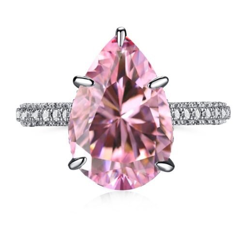 S925 Luxury Pear Shape Pink Cubic Zirconia Pave Ring