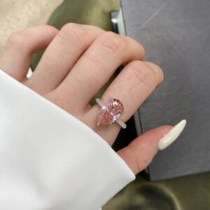 S925 Luxury Pear Shape Pink Cubic Zirconia Pave Ring