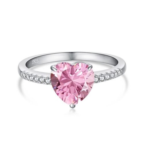 S925 Pink Heart Cubic Zirconia Pave Ring