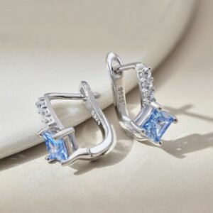 S925 Silver Blue Gemstone U-shaped Hoop Earrings