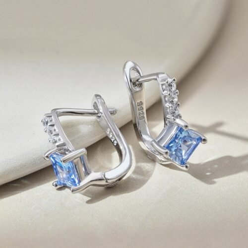 S925 Silver Blue Gemstone U-shaped Hoop Earrings