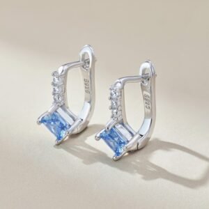 S925 Silver Blue Gemstone U-shaped Hoop Earrings