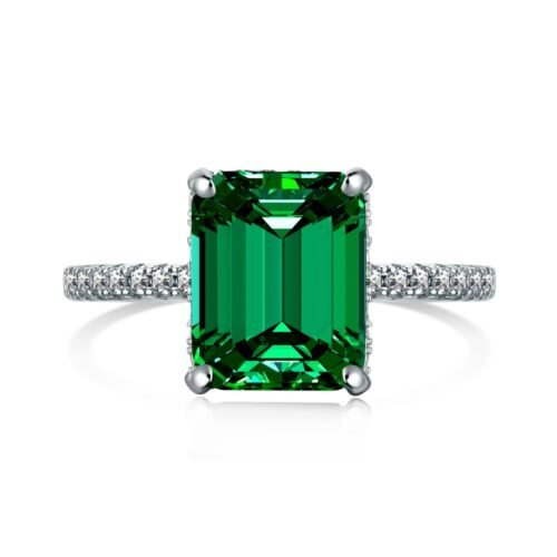 S925 Silver Emerald Cut Cubic Zirconia Pave Ring