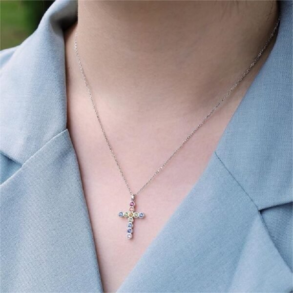 S925 Silver Fashion Rainbow CZ Cross Pendant Necklace