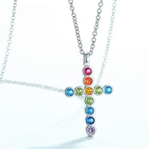S925 Silver Fashion Rainbow CZ Cross Pendant Necklace