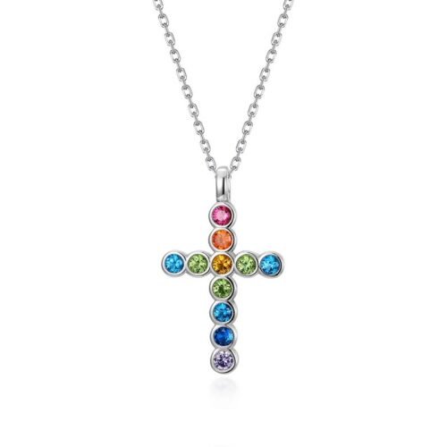 S925 Silver Fashion Rainbow CZ Cross Pendant Necklace