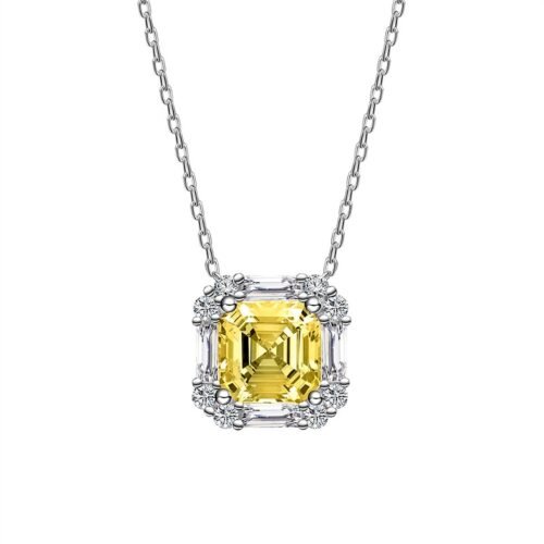 S925 Silver Halo Asscher Cut Yellow Zirconia Necklace