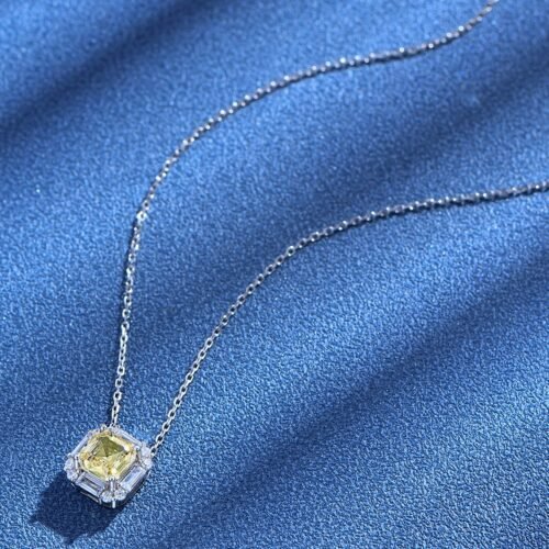 S925 Silver Halo Asscher Cut Yellow Zirconia Necklace