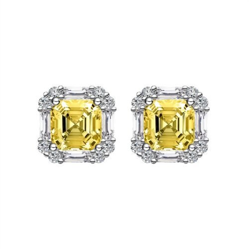 S925 Silver Halo Asscher Cut Yellow Zirconia Stud Earrings