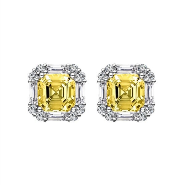 S925 Silver Halo Asscher Cut Yellow Zirconia Stud Earrings