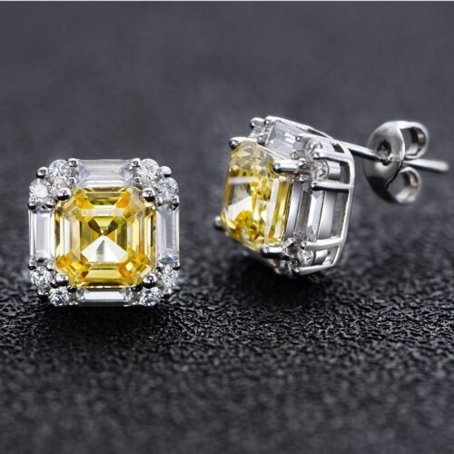 S925 Silver Halo Asscher Cut Yellow Zirconia Stud Earrings
