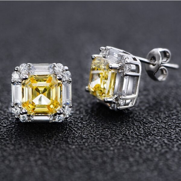 S925 Silver Halo Asscher Cut Yellow Zirconia Stud Earrings