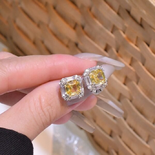 S925 Silver Halo Asscher Cut Yellow Zirconia Stud Earrings