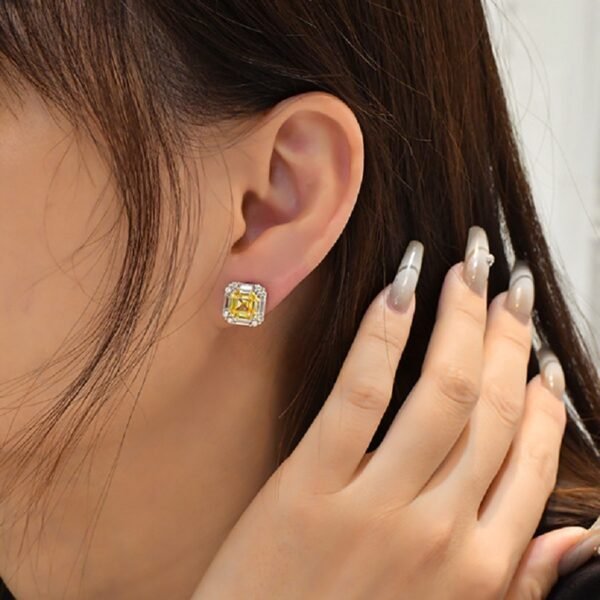 S925 Silver Halo Asscher Cut Yellow Zirconia Stud Earrings