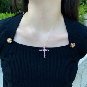 S925 Silver Heart-shaped CZ Cross Necklace