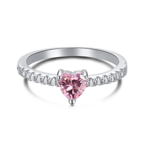 S925 Simple Mini Pink Heart Zirconia Pave Ring