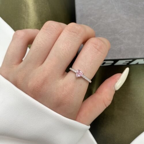 S925 Simple Mini Pink Heart Zirconia Pave Ring