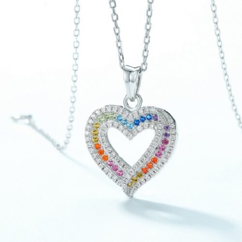 S925 Unique design Heart Rainbow CZ Necklace