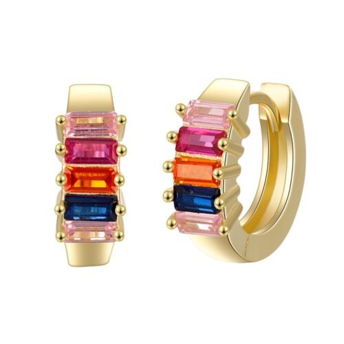 Thick Emerald Cut Rainbow Cubic Zirconia Hoop Earrings