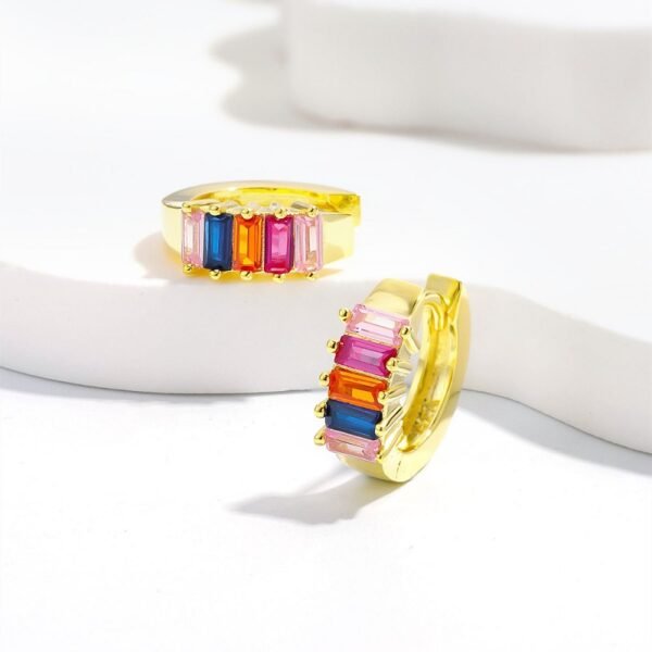 Thick Emerald Cut Rainbow Cubic Zirconia Hoop Earrings