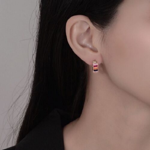 Thick Emerald Cut Rainbow Cubic Zirconia Hoop Earrings