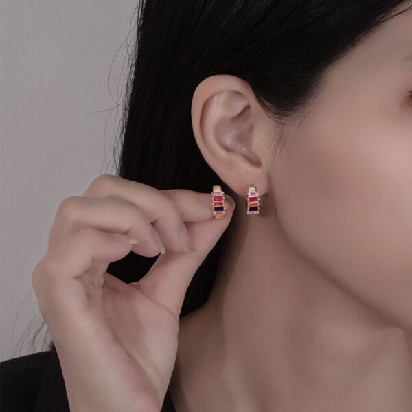 Thick Emerald Cut Rainbow Cubic Zirconia Hoop Earrings