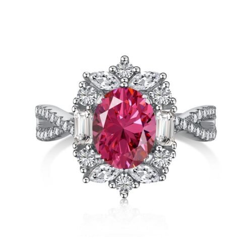 Unique Halo Oval Rose Red CZ S925 Twisted Pave Ring