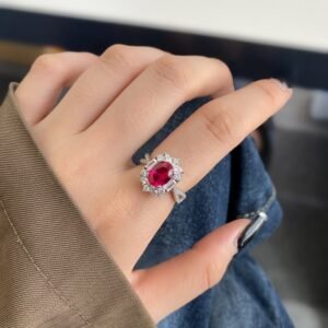 Unique Halo Oval Rose Red CZ S925 Twisted Pave Ring