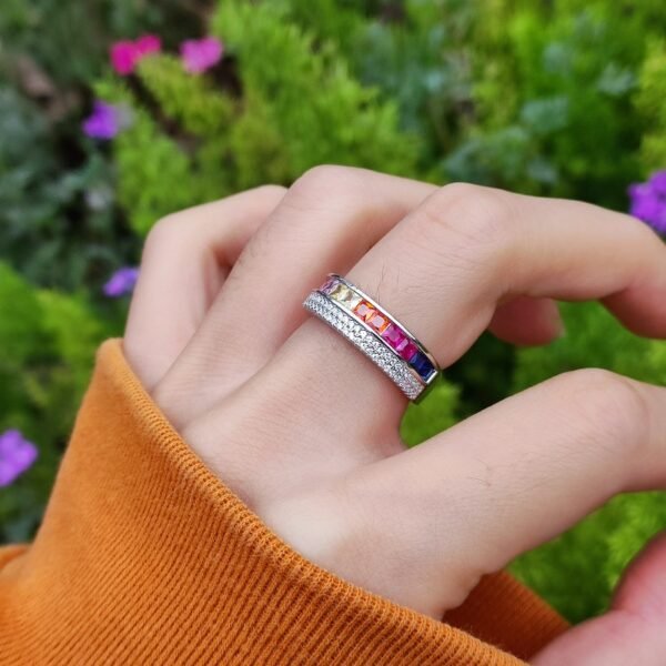 Unique Princess Cut Rainbow Cubic Zirconia Ring