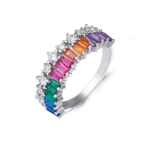 Unique Rectangular Rainbow Cubic Zirconia Ring