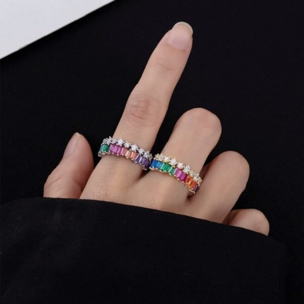 Unique Rectangular Rainbow Cubic Zirconia Ring