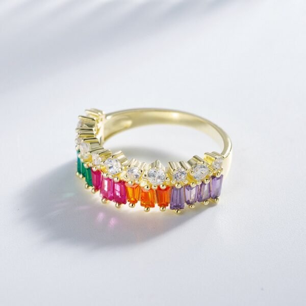 Unique Rectangular Rainbow Cubic Zirconia Ring