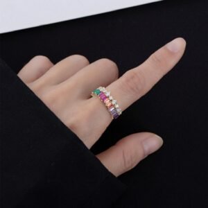 Unique Rectangular Rainbow Cubic Zirconia Ring